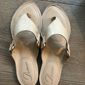Delman crinkle leather thong sandals, size 5.5